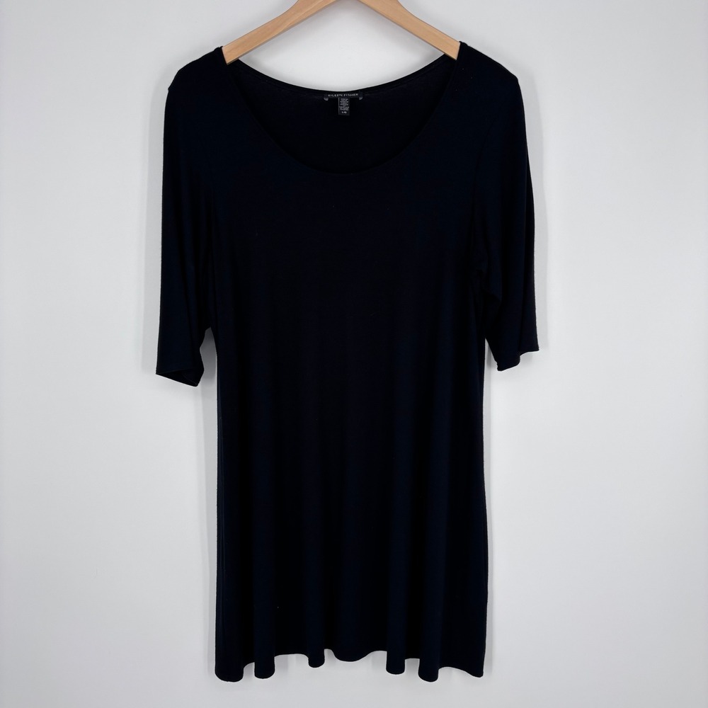 Eileen Fisher Tunic Top Womens L Black‎ Viscose Stretch Elbow Sleeve Minimalist